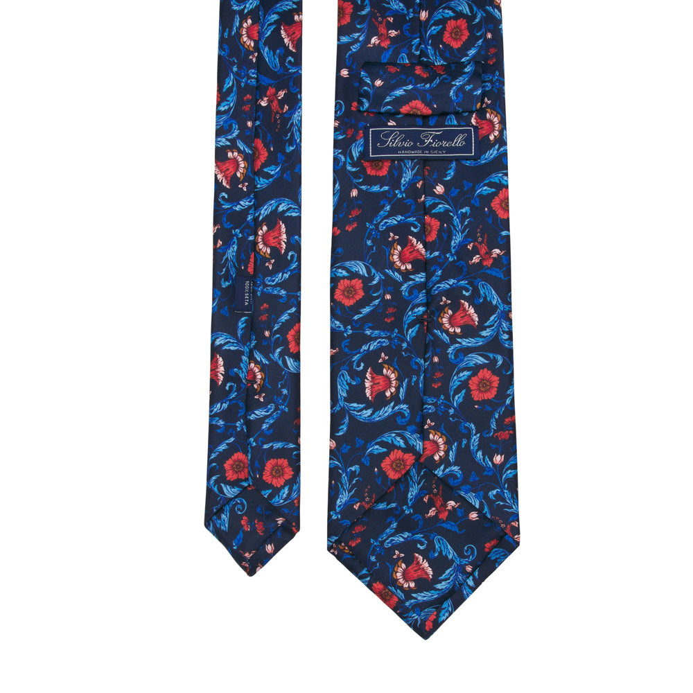 Blue and Red Ethereal Garden Duchesse Silk Tie