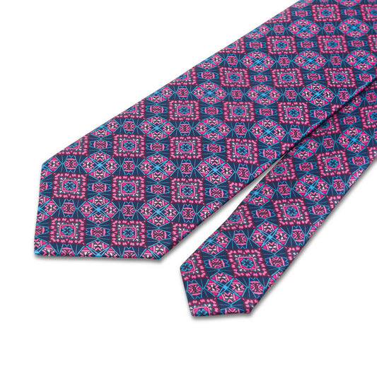 Blue and Pink Medieval Art Duchesse Silk Tie