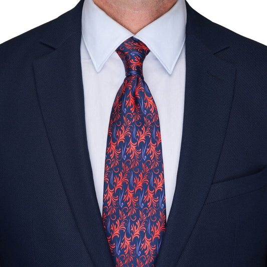 Blue and Red Acanthus Leaves Duchesse Silk Tie