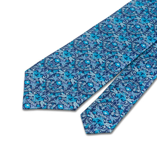 Blue Medieval Garden Duchesse Silk Tie